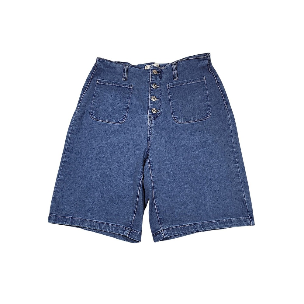 Luvamia Shorts L Wom 20" Denim Jean Jorts Blue High Rise Button Fly Patch Pocket